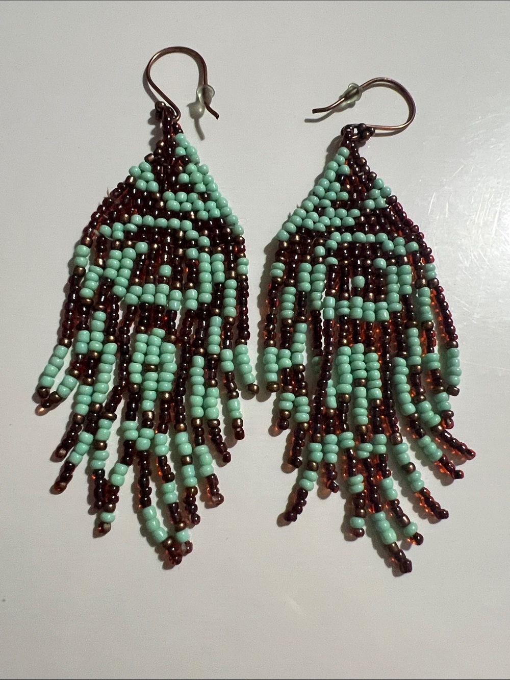 Fringe Seed Bead Earrings in Mint Green and Brown